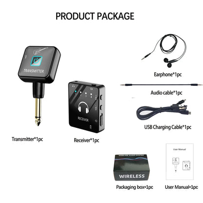 Black wireless audio transmitter with gold 1/4 inch plug and logo for wireless in-ear monitor and lavalier receiver use in band rehearsal