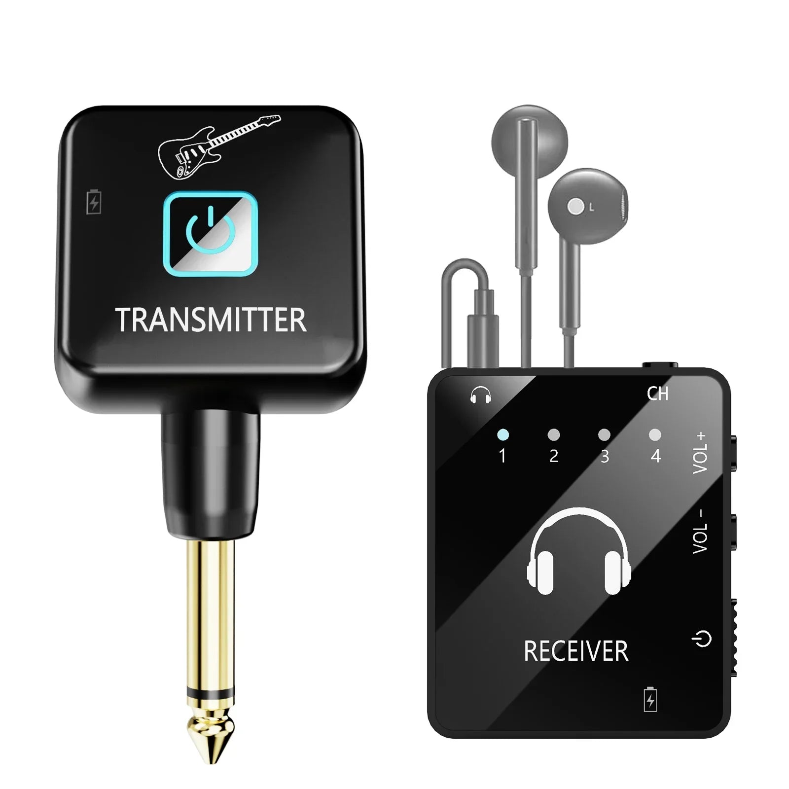 Black wireless iem system with gold-plated jack connector featuring lavalier receiver for band rehearsal use