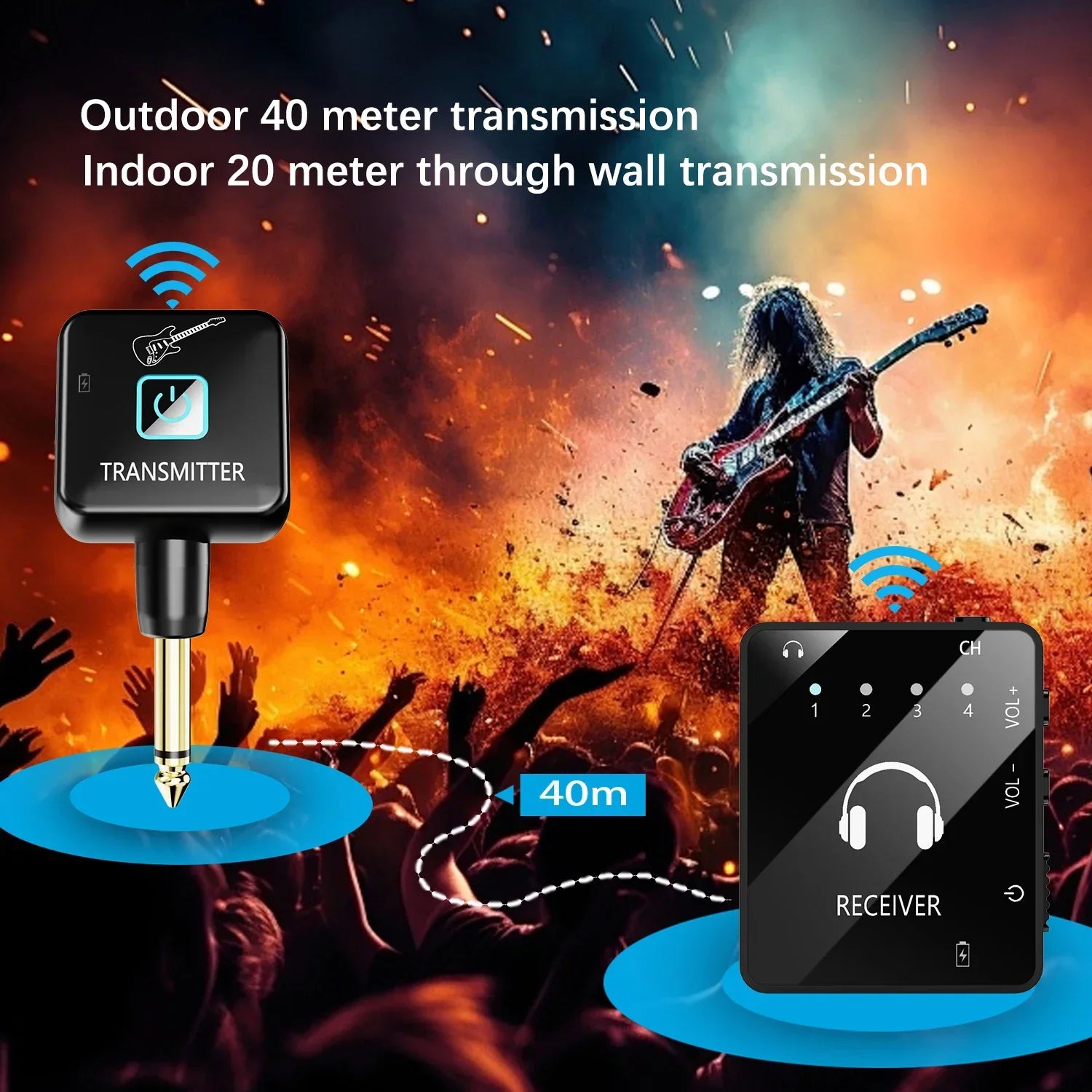 Black wireless in-ear monitor system with gold-plated jack connector and lavalier receiver for band rehearsal use