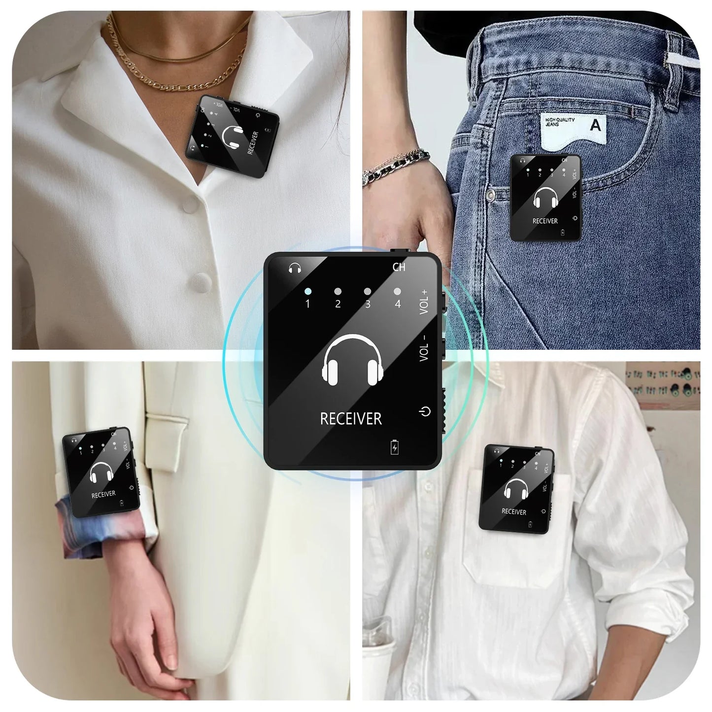 Black rectangular wireless in-ear monitor lavalier receiver with glossy finish, control buttons, and led for band rehearsal