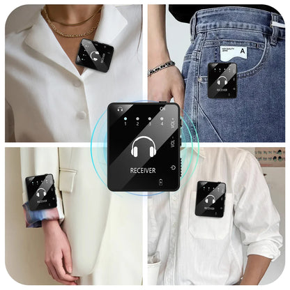 Black rectangular wireless in-ear monitor lavalier receiver with glossy finish, control buttons, and led for band rehearsal