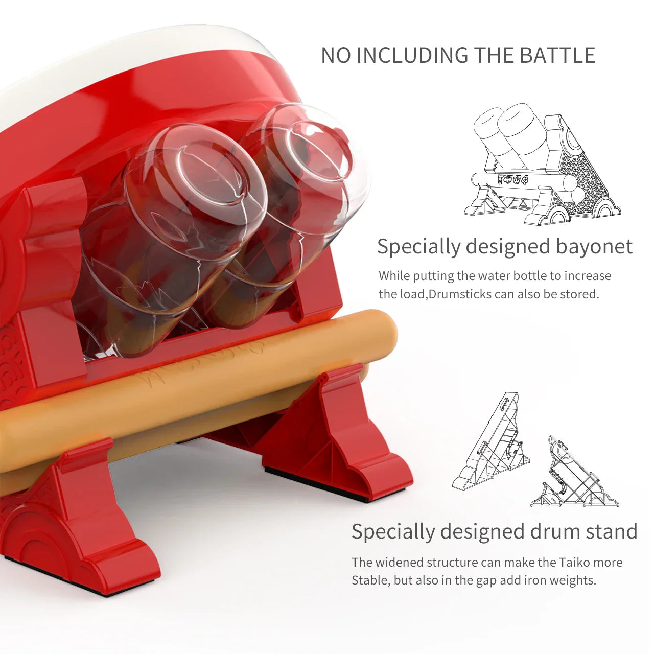 Red plastic iine taiko drum with clear acrylic water bottle holders and wooden drumstick compatible Nintendo Switch
