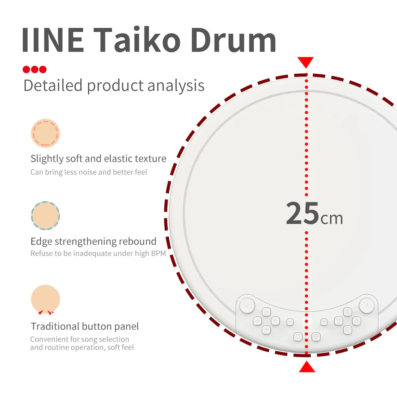 White iine taiko drum with 25cm diameter and soft elastic texture compatible nintendo switch taiko drum master