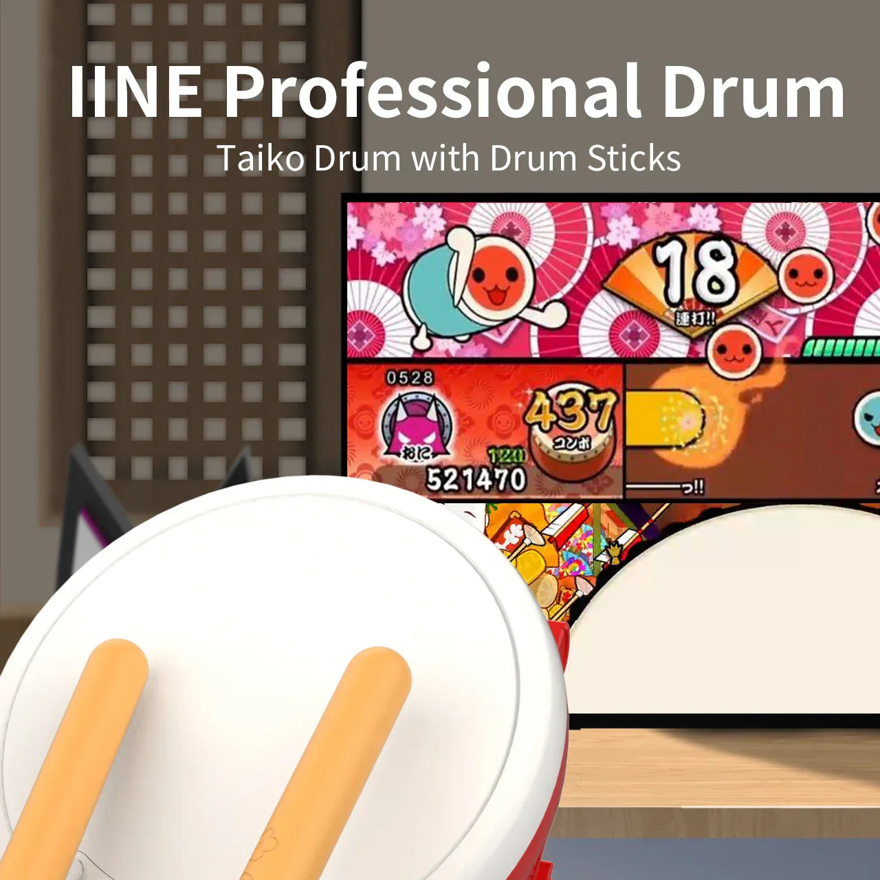 White and red iine taiko drum with wooden drumsticks compatible with taiko drum master for nintendo switch use