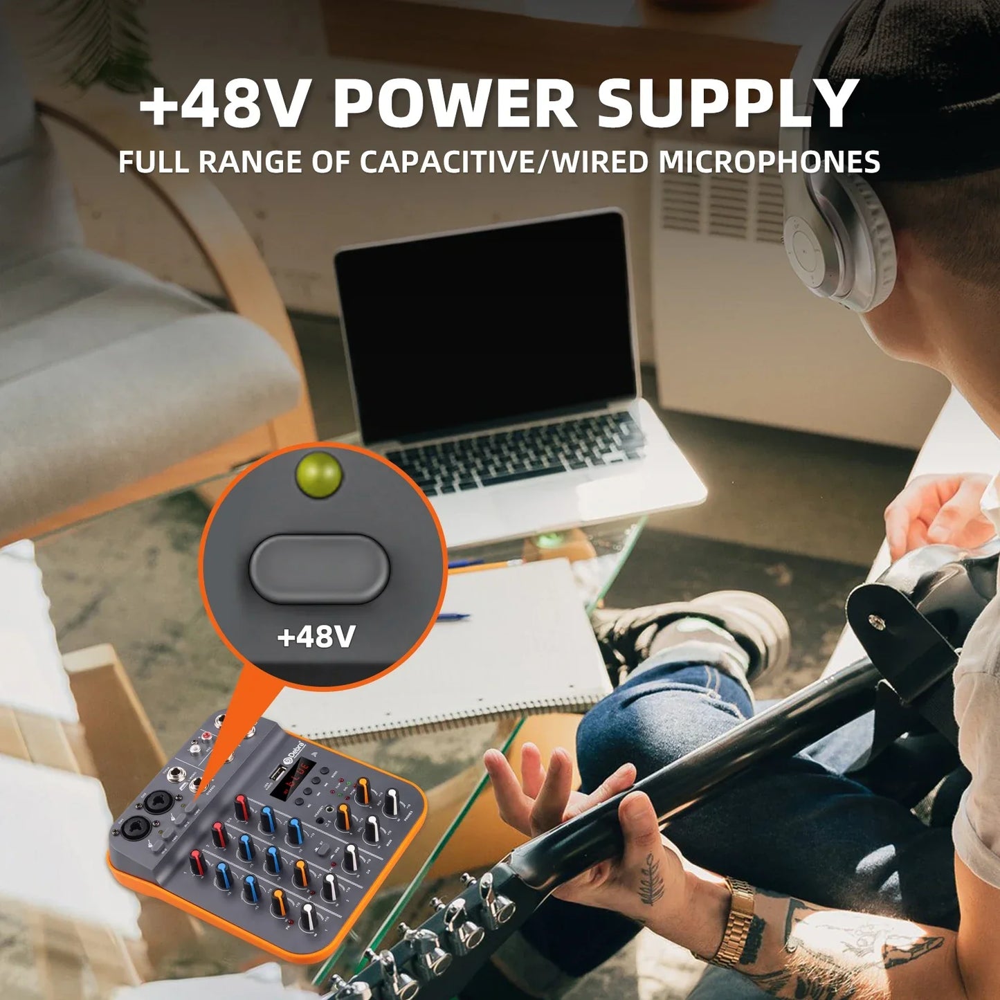 Compact orange and black d4m 4-channel audio mixer with colorful knobs and sound card 48v for pc recording and karaoke