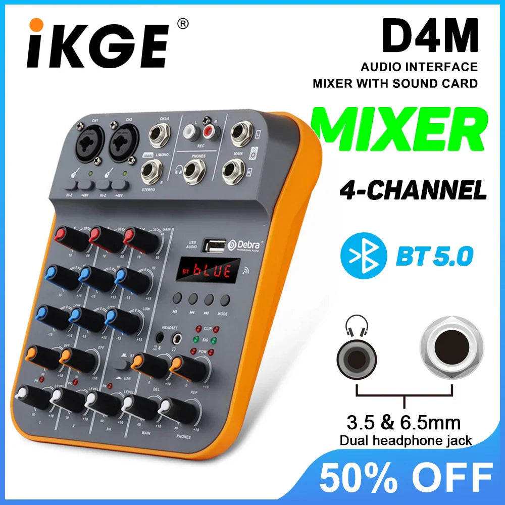 Gray and orange ikge d4m 4-channel audio mixer with sound card 48v featuring colorful knobs and digital display for recording