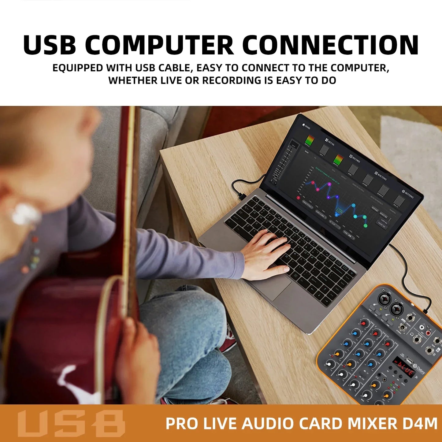 Orange and black IKGE d4m mini 4-channel audio mixer with sound card 48v, multiple jacks, knobs, and LED indicators