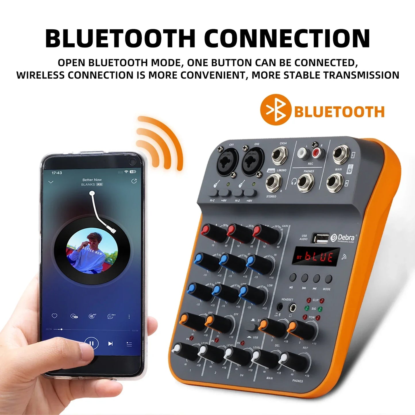 Orange and black ikge d4m mini 4-channel audio mixer with bluetooth 5.0 sound card 48v and digital display for recording