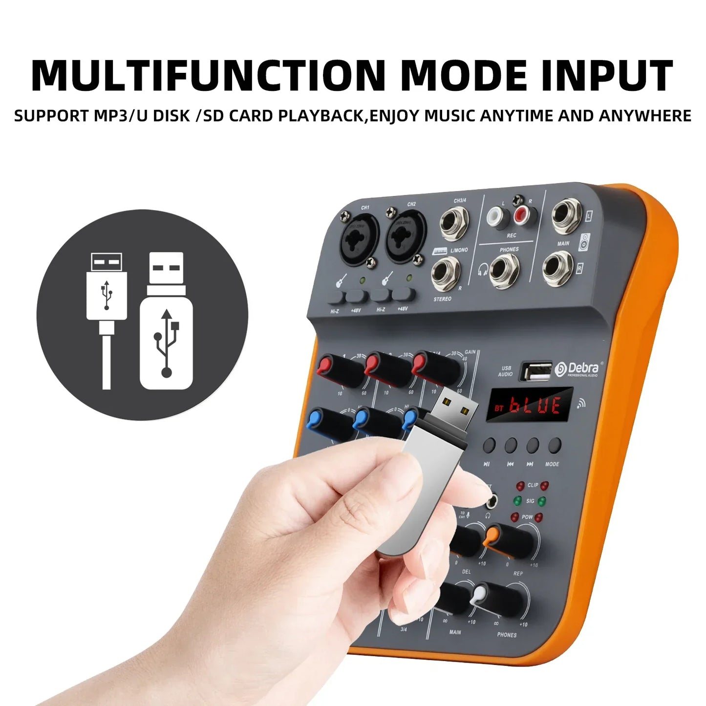 Orange and black d4m ikge d4m mini 4-channel audio mixer with sound card 48v usb and multiple input jacks