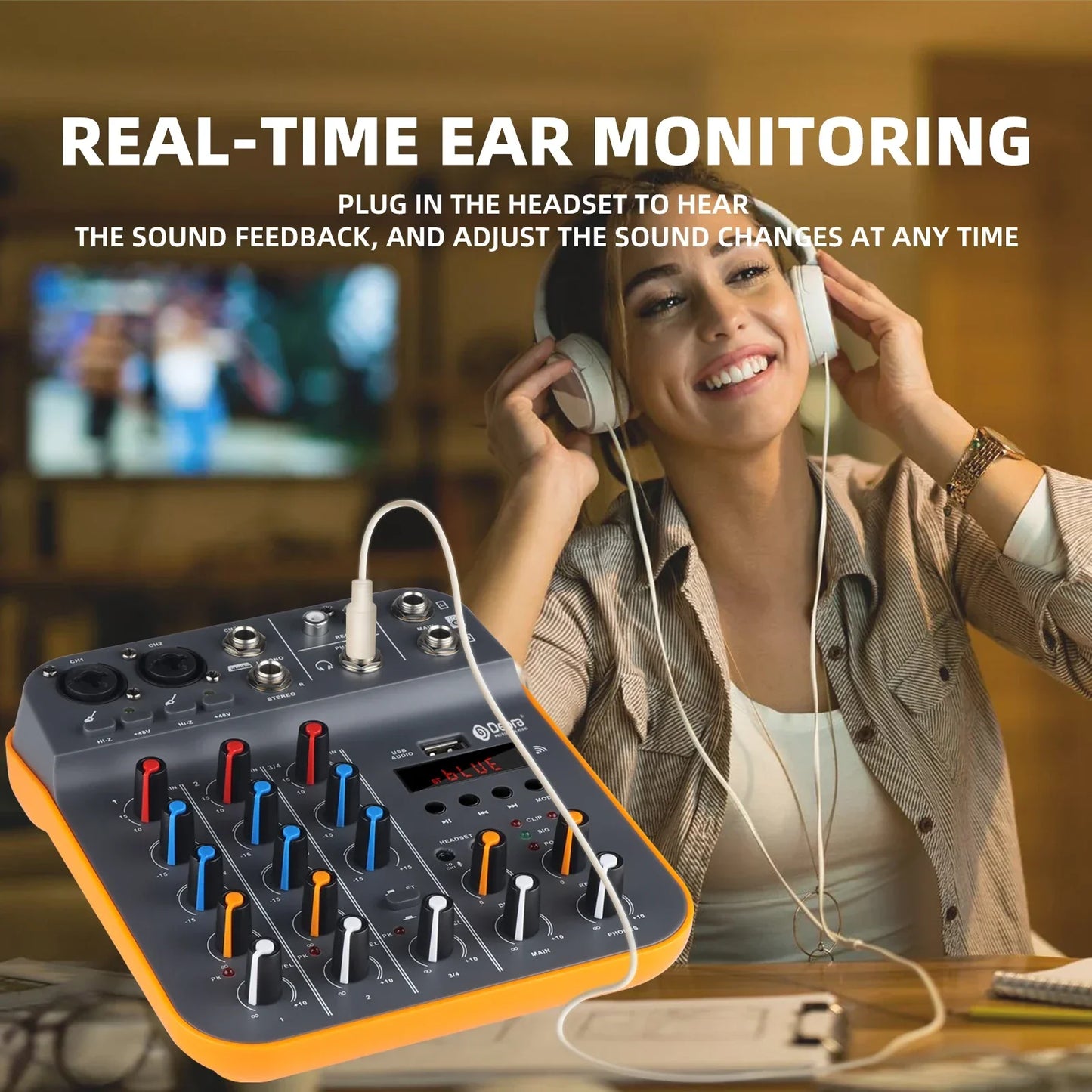 Orange and gray d4m 4-channel audio mixer with colorful knobs digital display and sound card 48v for pc recording and karaoke