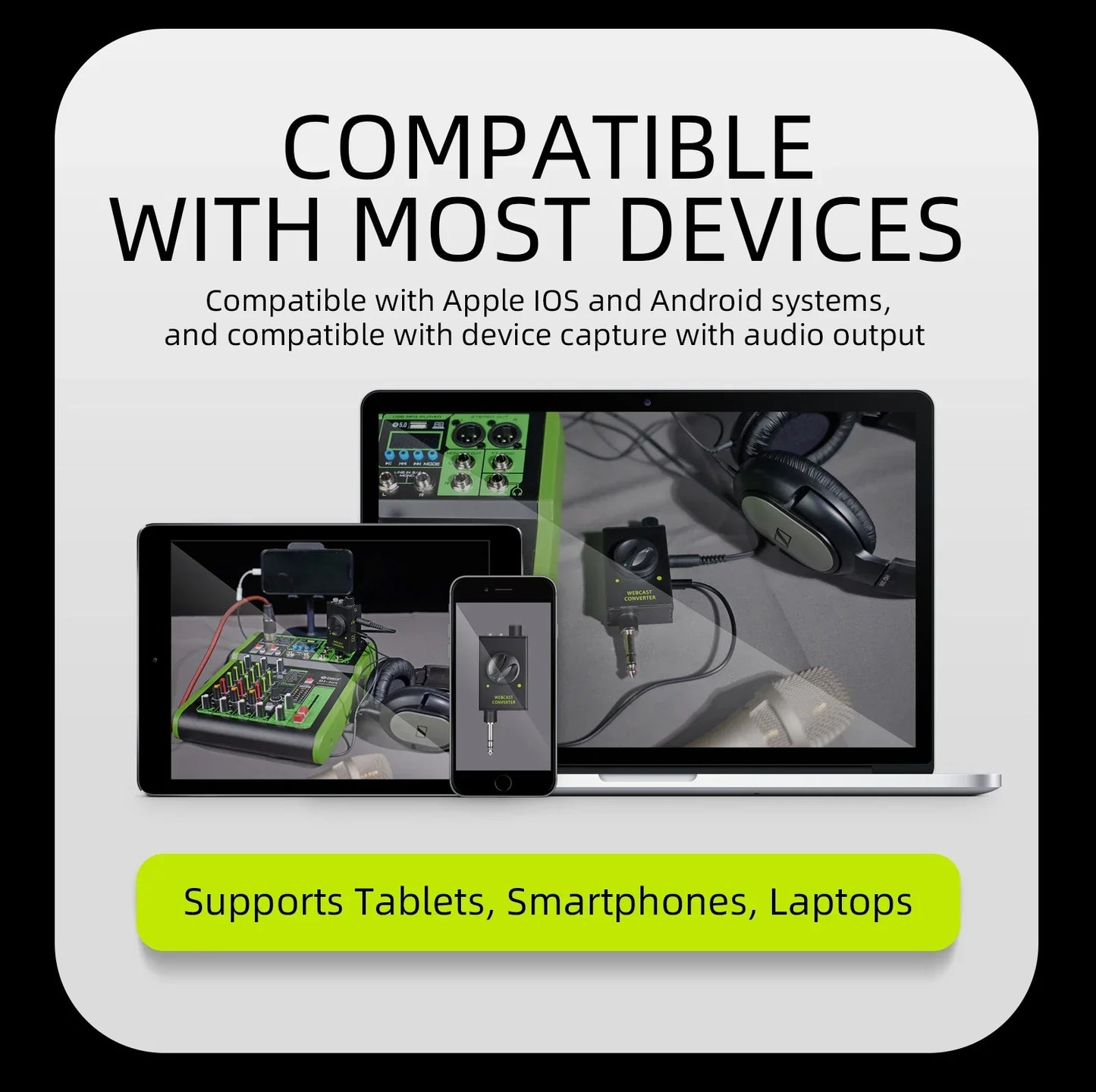 Black compact ikge dj console mixer with multiple ports and display for karaoke recording and live streaming adapter use