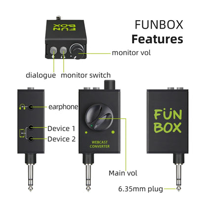 Black funbox webcast converter with green branding and silver 6.35mm jacks for ikge dj console karaoke recording live streaming adapter