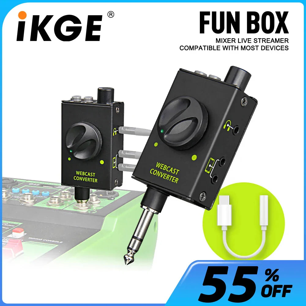 Black ikge dj console mixer live streaming adapter with knobs and ports for karaoke recording and output to smartphones and pcs