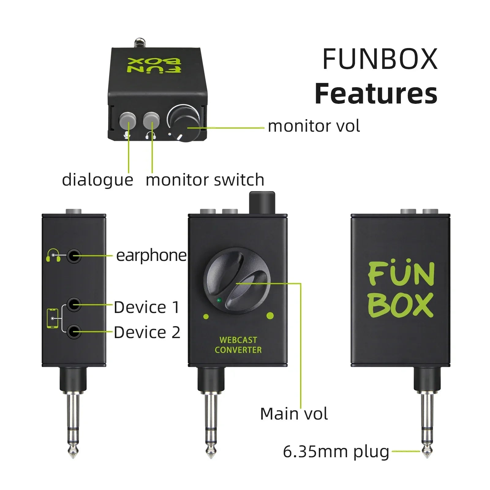 Black funbox webcast converter with green branding and silver 6.35mm jacks for ikge dj console live streaming adapter and karaoke recording