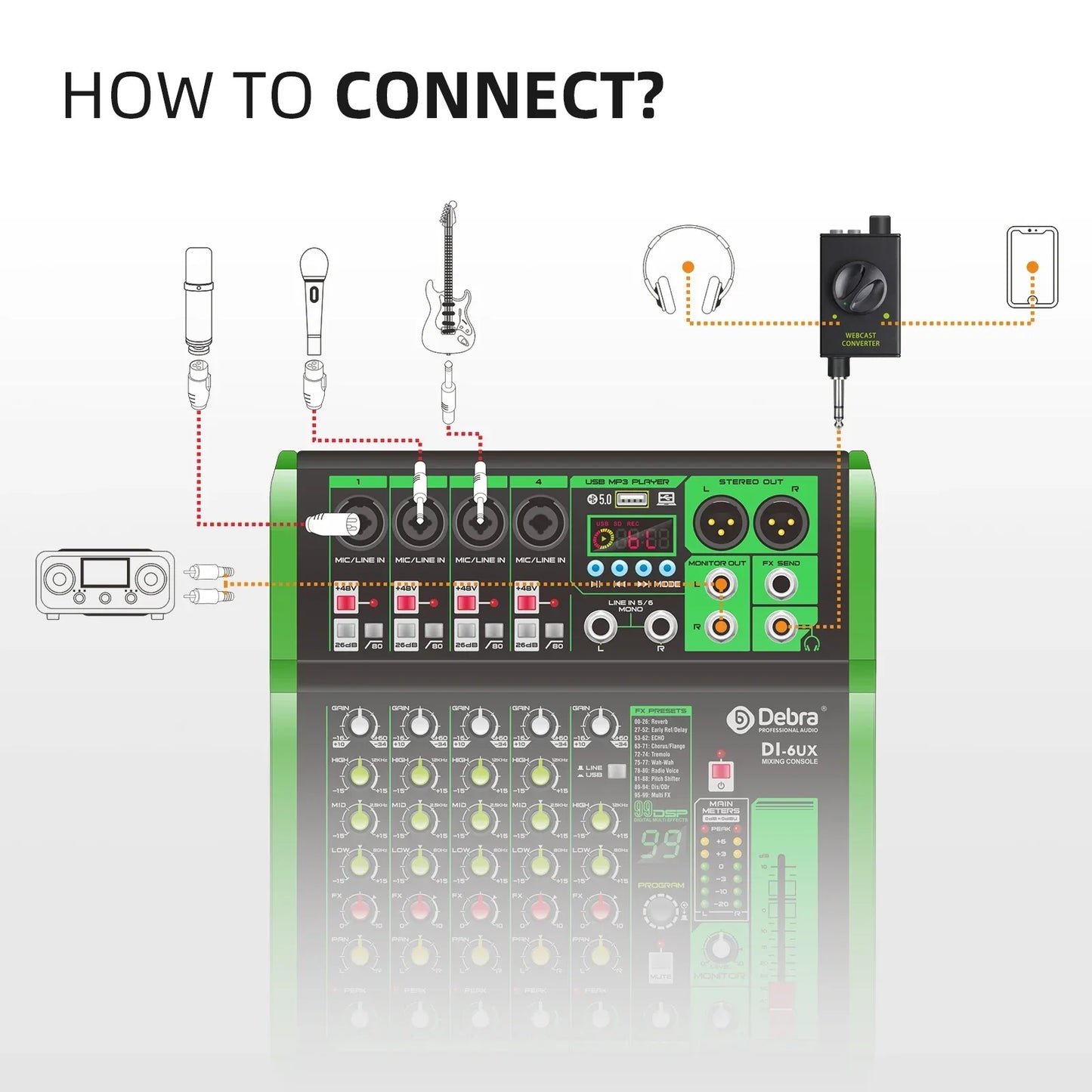 Green and black debra di-6ux audio mixer ikge dj console live streaming adapter for karaoke recording with multiple jacks and knobs