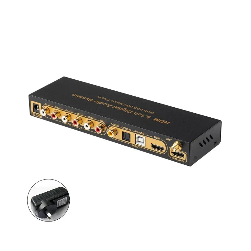 Black rectangular immersive surround sound ud851b digital audio player with gold ports and labeled input jacks backside view