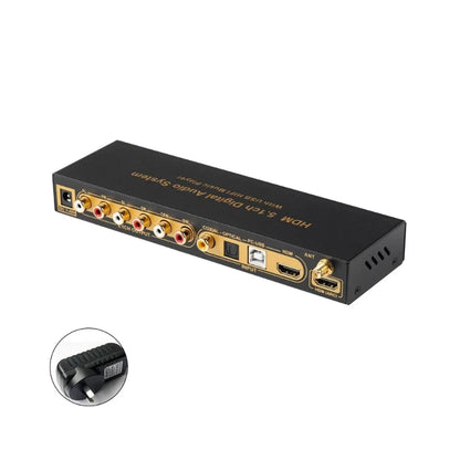 Black rectangular immersive surround sound ud851b digital audio player with gold ports and labeled input jacks backside view