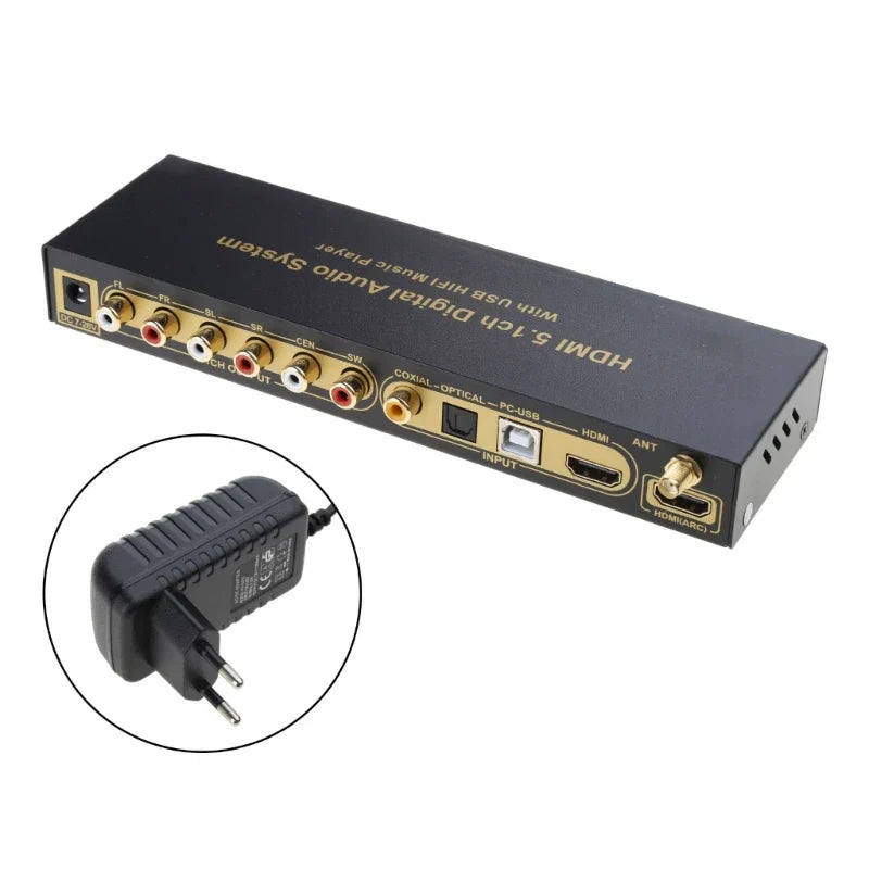 Black rectangular surround sound ud851b digital audio player back panel with gold ports hdmi usb optical connectors