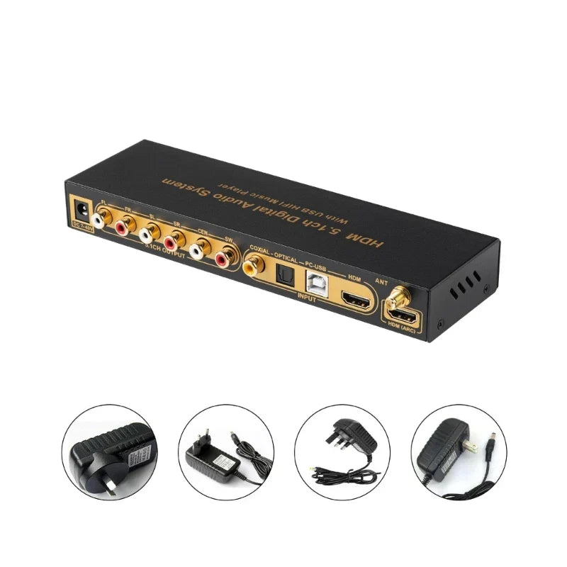 Black immersive surround sound ud851b digital audio system with gold ports and multiple input output options back view