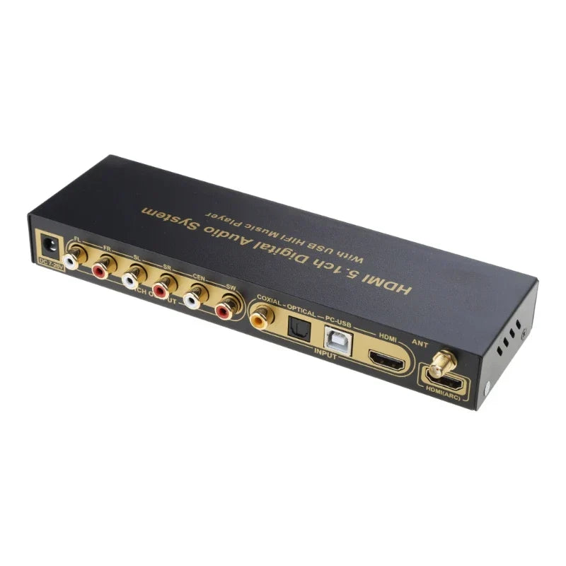 Black rectangular surround sound ud851b hdmi 5.1ch digital audio system with gold ports and sleek metallic side panel