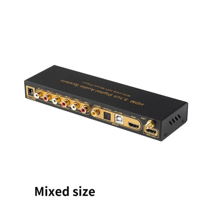 Black rectangular surround sound ud851b digital audio player back side with gold ports usb and rca connectors for type beat music