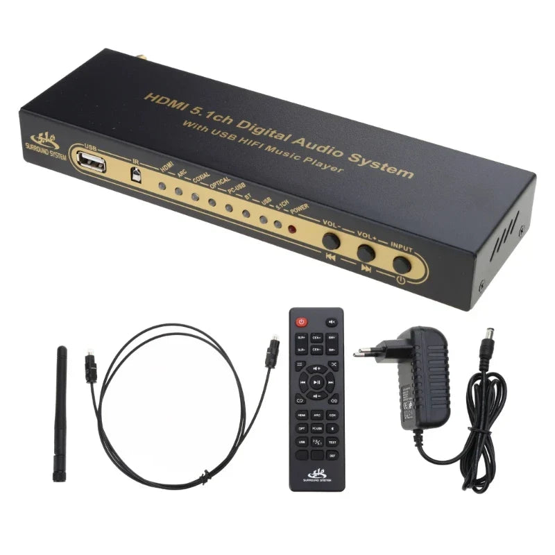 Black rectangular surround sound ud851b digital audio system box with gold ports featuring usb hi-fi music player function