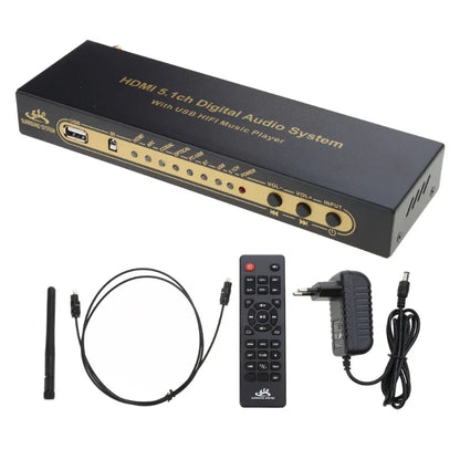 Black rectangular surround sound ud851b digital audio system box with gold ports featuring usb hi-fi music player function