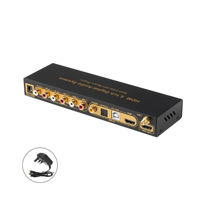 Black rectangular surround sound ud851b digital audio player back with gold ports labeled optical usb and hdmi arc inputs for type beat music