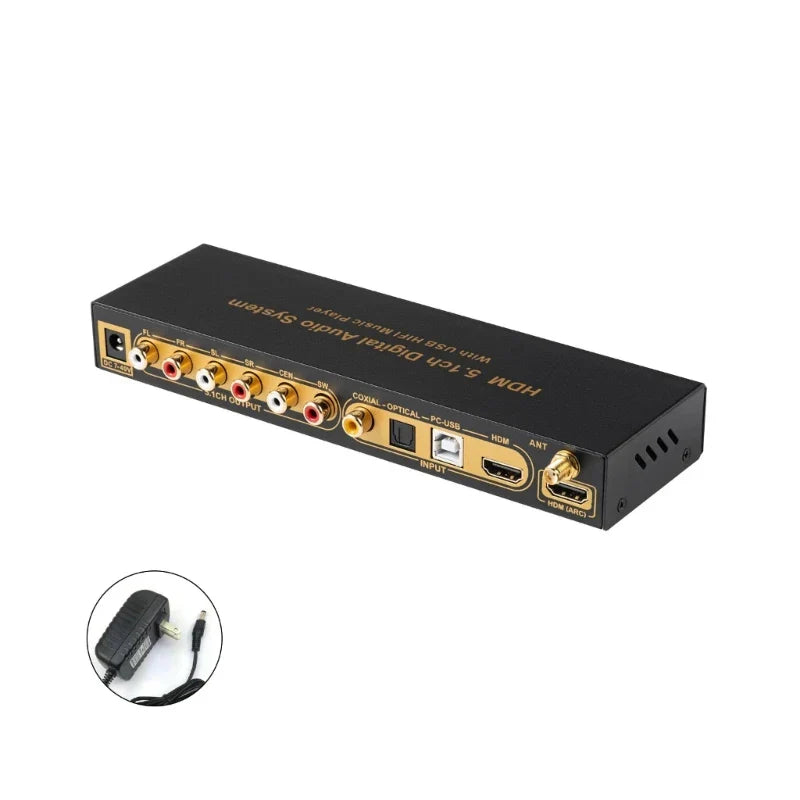 Black rectangular surround sound ud851b digital audio player with gold ports rca optical usb hdmi and power adapter backside view