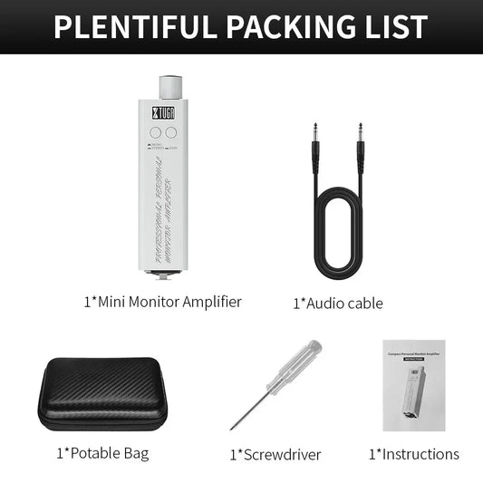 Silver tugr mini in-ear monitor amplifier with gain button and minimalist design for stage music monitoring