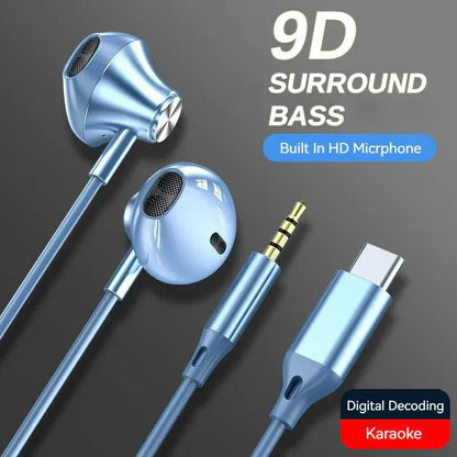 Light blue metallic in-ear hifi music earbud with mic wired earplugs 3.5mm jack and usb-c for Samsung Xiaomi tablet