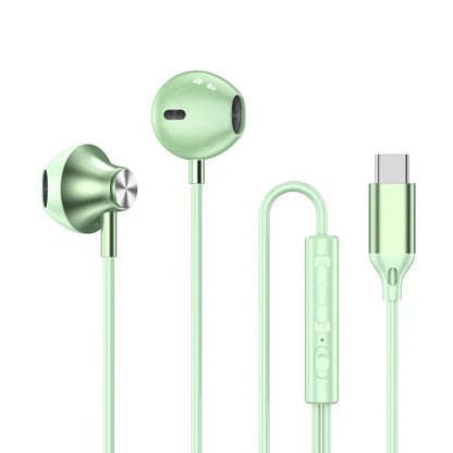 Mint green hifi music earbud with sleek metallic finish mic wired earplugs for samsung xiaomi tablet type-c charging cable