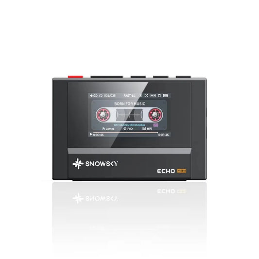 Black fiio snowsky echo mini bluetooth mp3 walkman with touchscreen and custom support dsd showing cassette interface