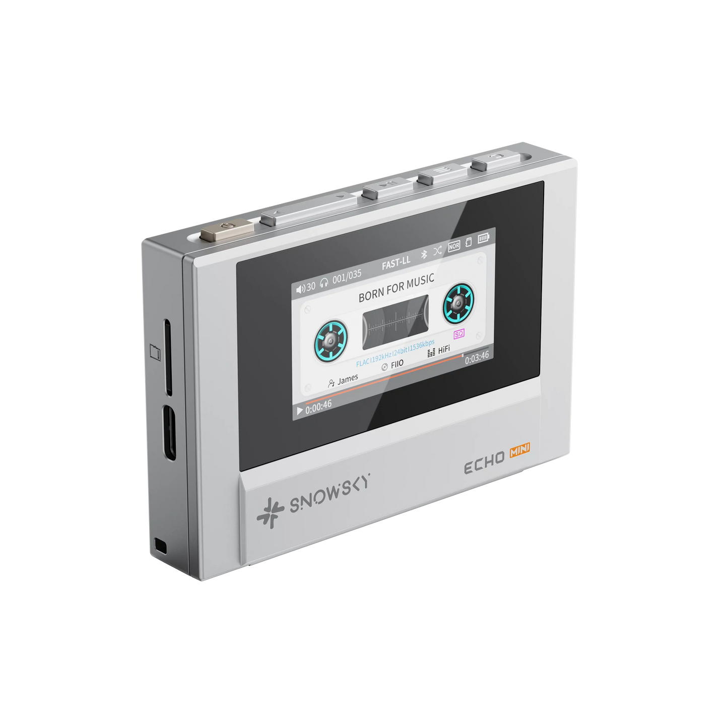 Silver fiio snowsky echo mini bluetooth mp3 walkman with custom support dsd and cassette tape-themed touchscreen display