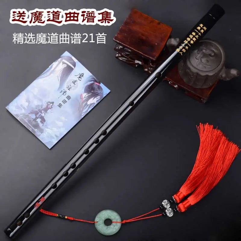 Black bamboo wei wuxian flute with gold lettering red tassel and jade disc pendant for dao zu shi dizi transversal flauta cosplay