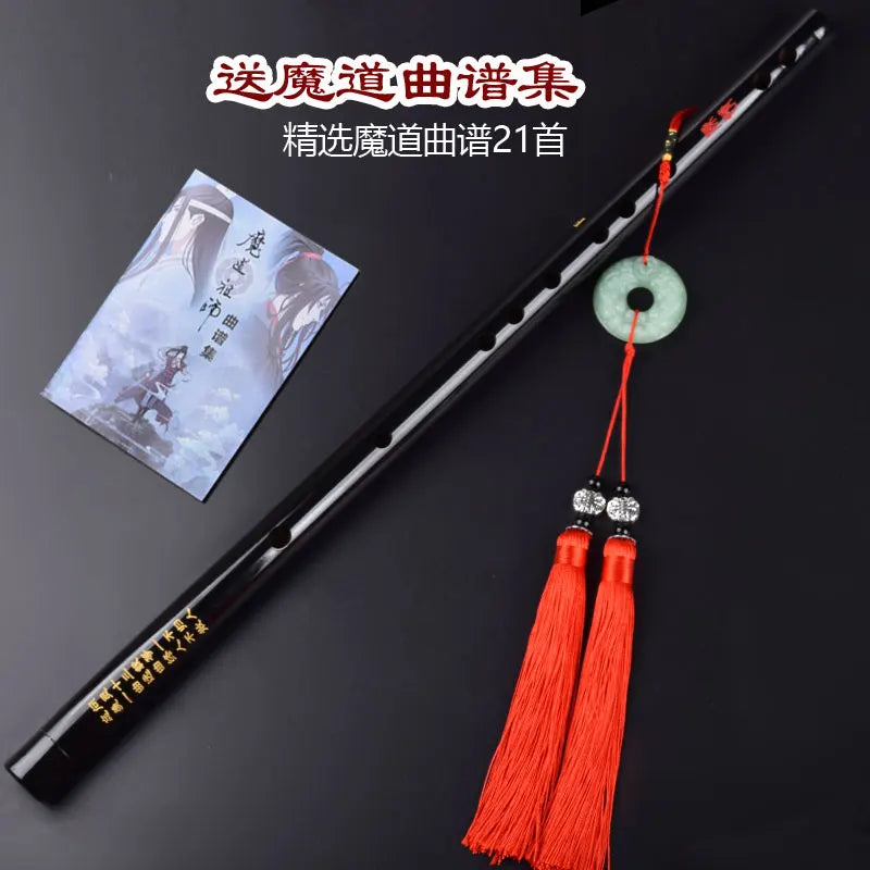 Black traditional chinese dizi transversal flauta with red tassels jade pendant and gold lettering wei wuxian flute dao zu shi
