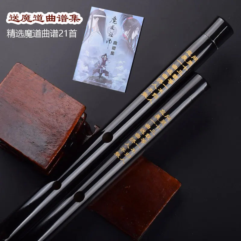 Black lacquered wei wuxian flute dizi transversal flauta with gold engraved chinese characters from dao zu shi cosplay set