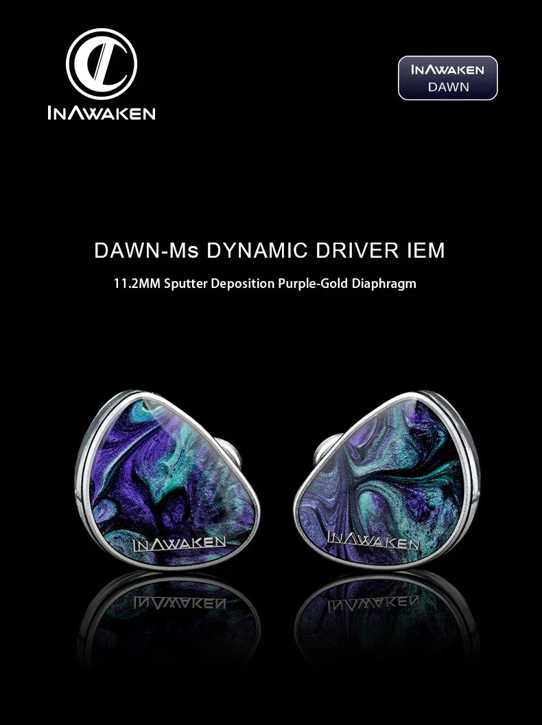 Inawaken dawn dynamic driver iem headphones with 11.2mm purple-gold diaphragm and iridescent swirl patterns in metallic casing