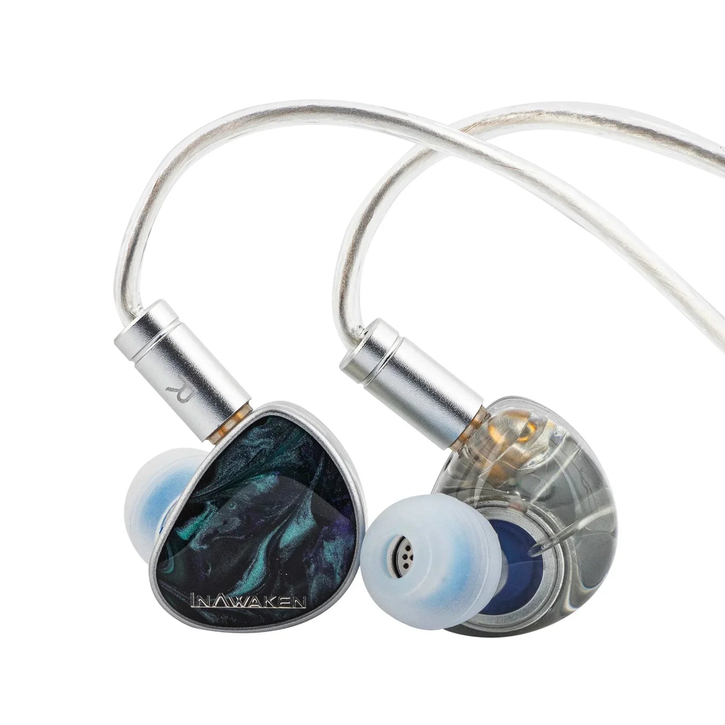 Inawaken dawn in-ear monitors with purple-gold diaphragm and ofc shielded cable in teal-black marbled finish