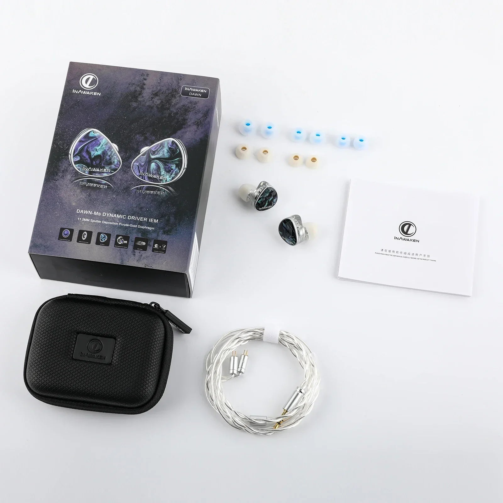 Inawaken dawn dynamic driver iem headphones with purple-gold diaphragm and metallic blue-black iridescent housings