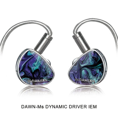 A pair of inawaken dawn ms dynamic driver iem headphones with purple-gold diaphragm and iridescent purple-teal resin finish