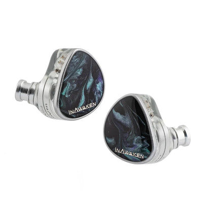 Silver inawaken dawn in-ear monitors with purple-gold diaphragm dynamic driver iem and iridescent black teal accents