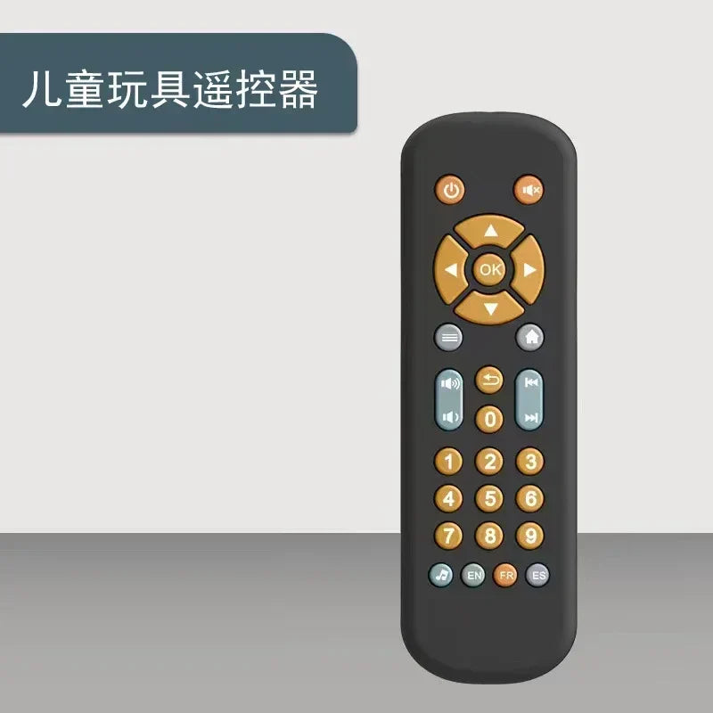 Black plastic infant simulation tv remote control toy with orange gray buttons featuring music tv remote and light musical baby functions