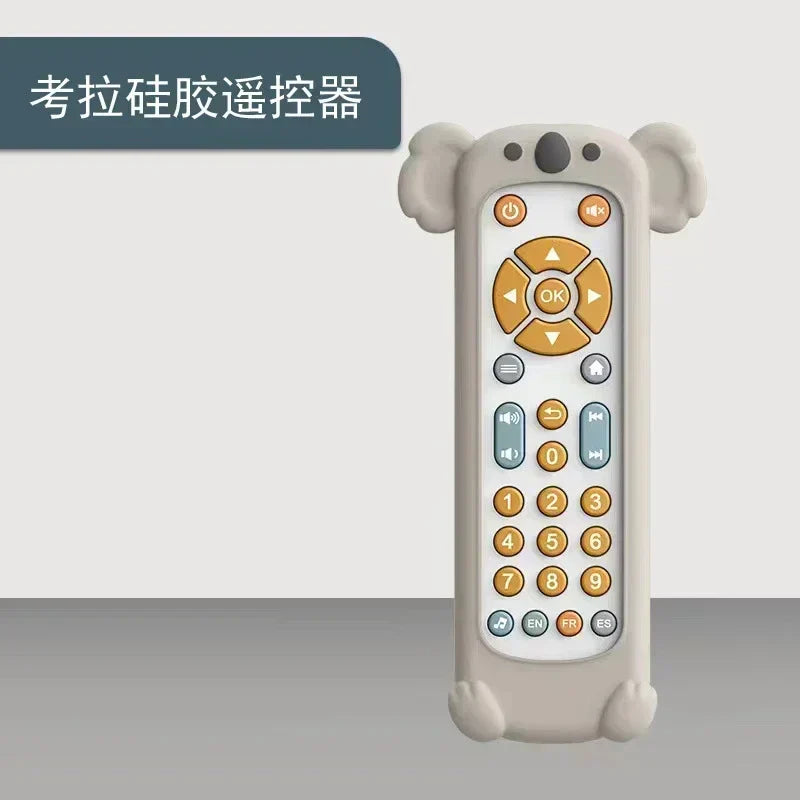 Beige silicone koala-shaped infant simulation tv remote with orange and gray buttons music tv remote toy sensory remote