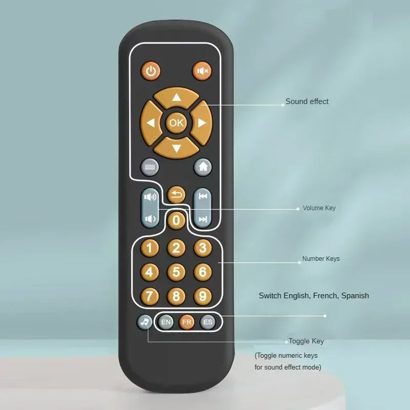 Black infant simulation tv remote control toy with gold buttons light musical baby toy sensory remote for toddlers