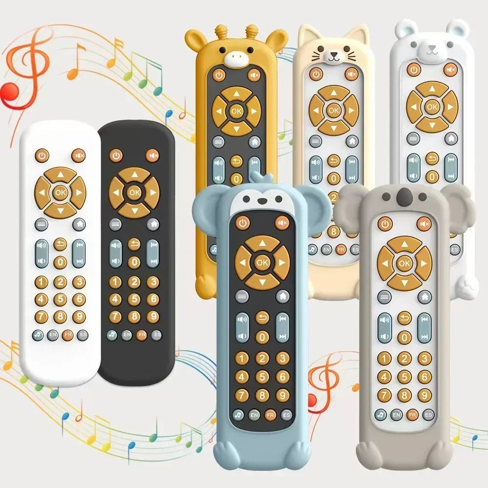 Infant simulation tv remote control toys in pastel and black with orange buttons featuring music tv remote and light musical baby functions