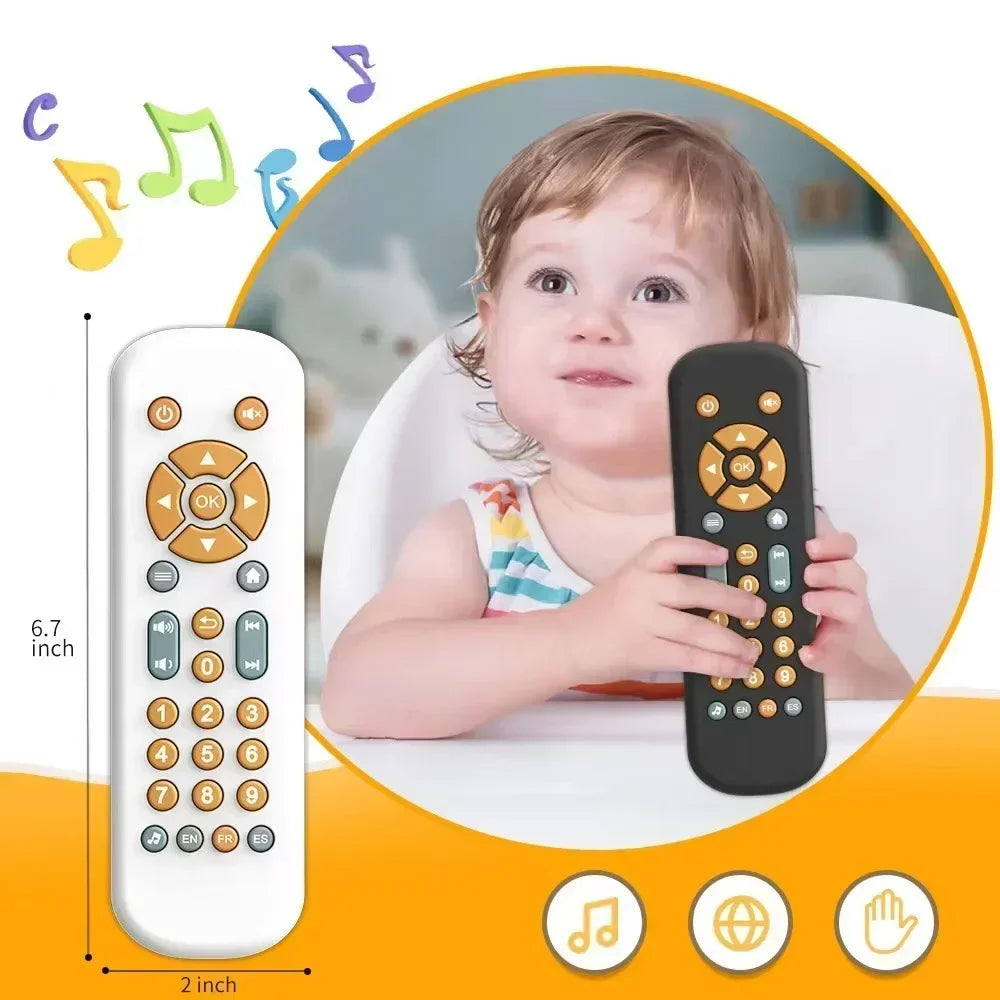 White infant simulation tv remote control toy with orange gray buttons 6.7 inches tall light musical baby toy sensory remote