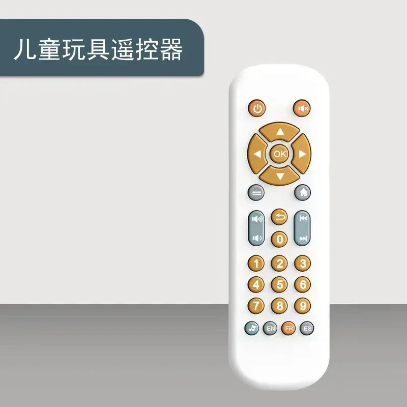 White plastic infant simulation tv remote control toy with orange gray buttons and music light musical baby features