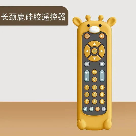 Yellow giraffe-shaped silicone music tv remote cover with light musical baby toy sensory remote for toddlers