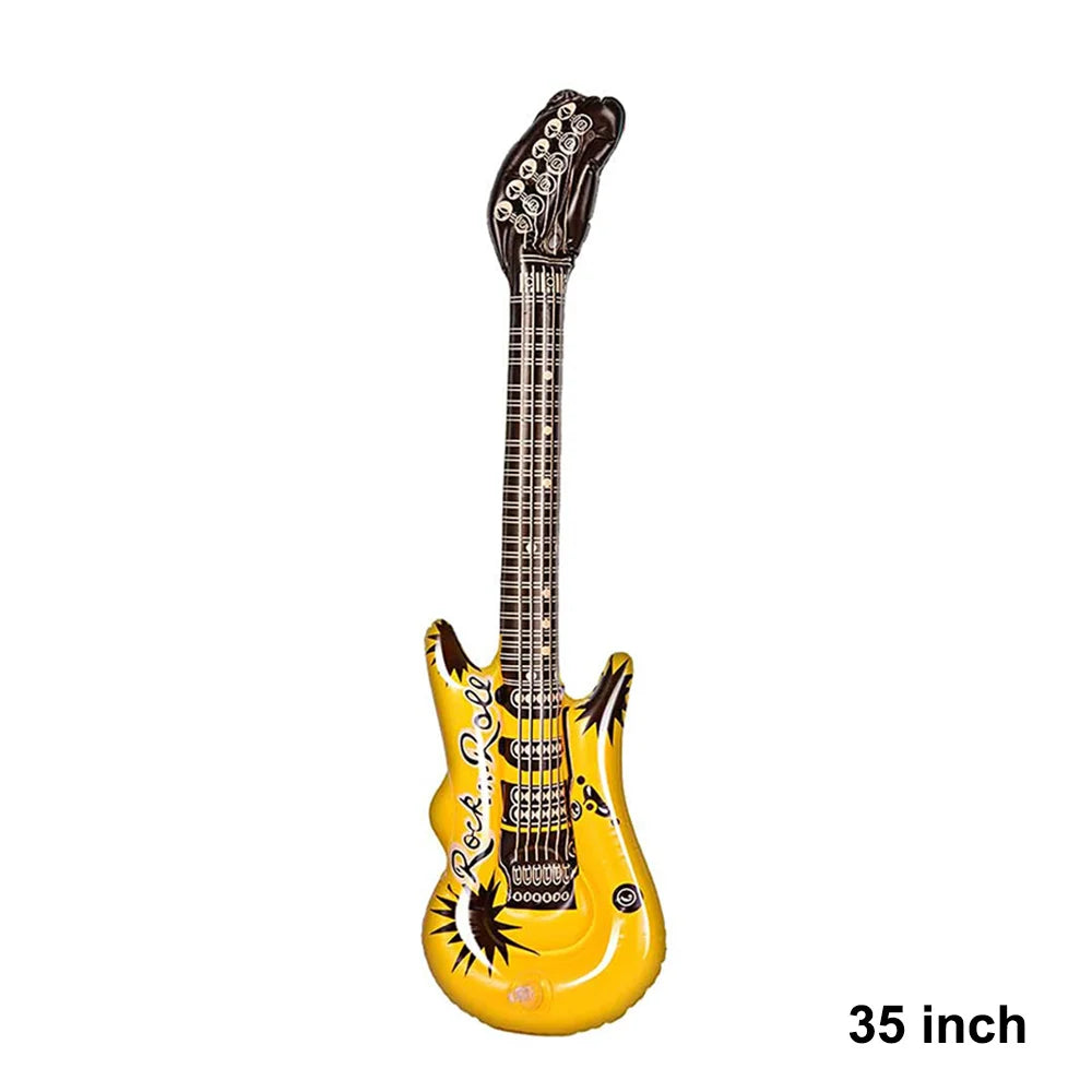 A bright yellow inflatable instruments toy guitar rock electric with rock n roll lettering and black accents for 80s fun